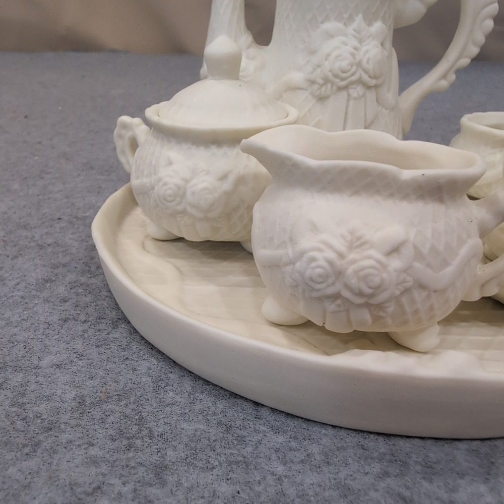 Albert E Price Miniature Porcelain Tea Set White Floral Relief 10 Piece Set - - Picture 4 of 8